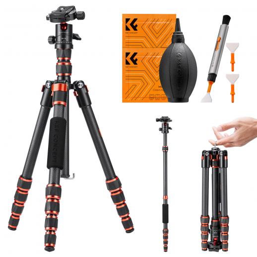 60" Carbon Fiber Camera Tripod,Super Lightweight Compact Travel Tripod with 360 Degree Ball Head,Quick Release Plate,Detachable Monopod 8KG Load Capacity for SLR DSLR A225C0+BH-25L Air Pro Series K&F Concept + Cleaning set